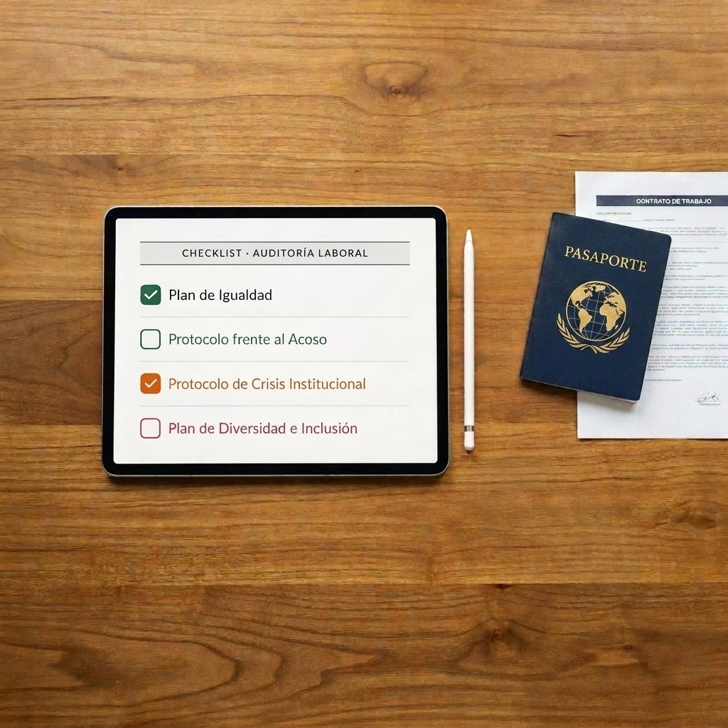 escritorio con ipad con checklist y pasaporte a la derecha